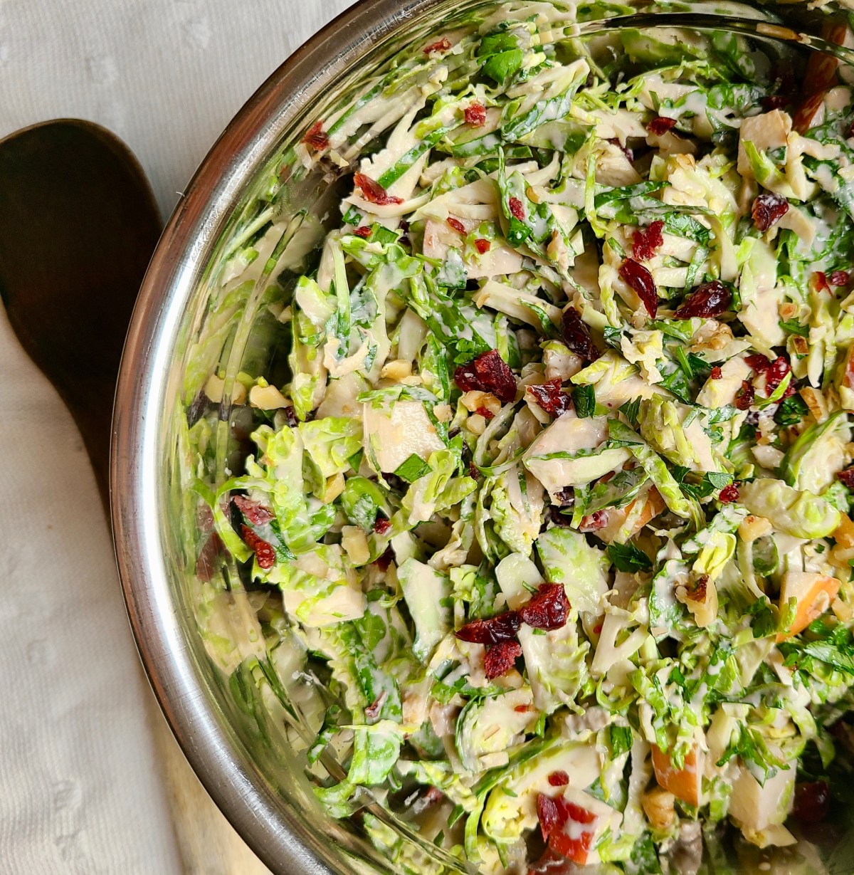 Vegan Brussels Sprout Slaw with Cranberries, Apples and Walnuts
