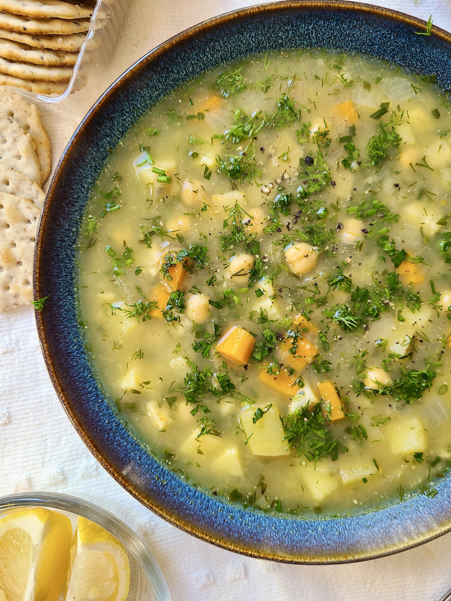 Root Vegetable Soup with Fresh Herbs and Chickpeas