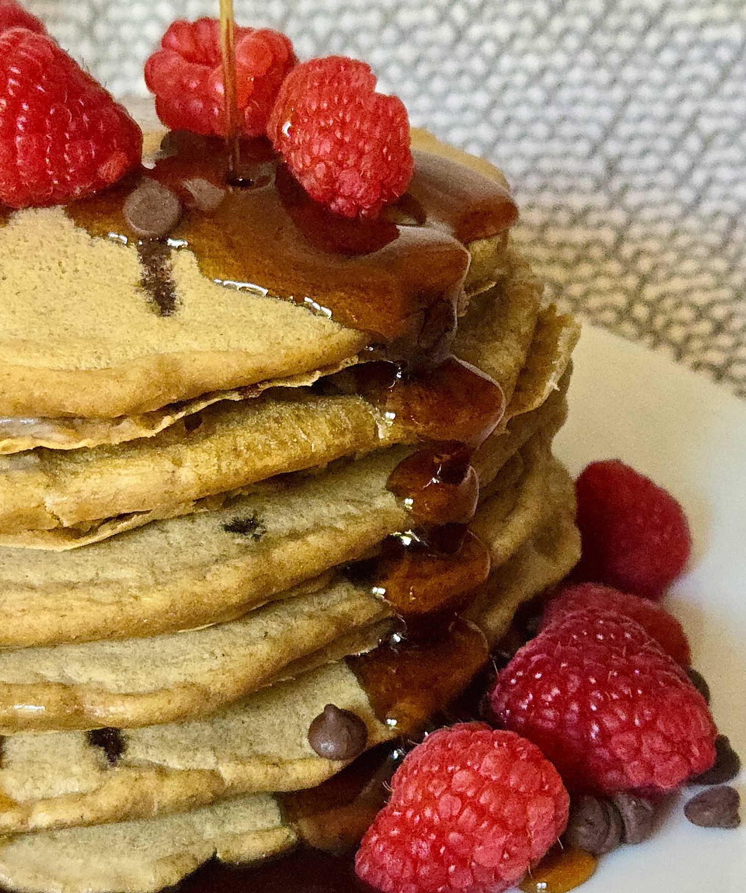 Vegan Mocha Rye Pancakes with Chocolate Chips and Raspberries