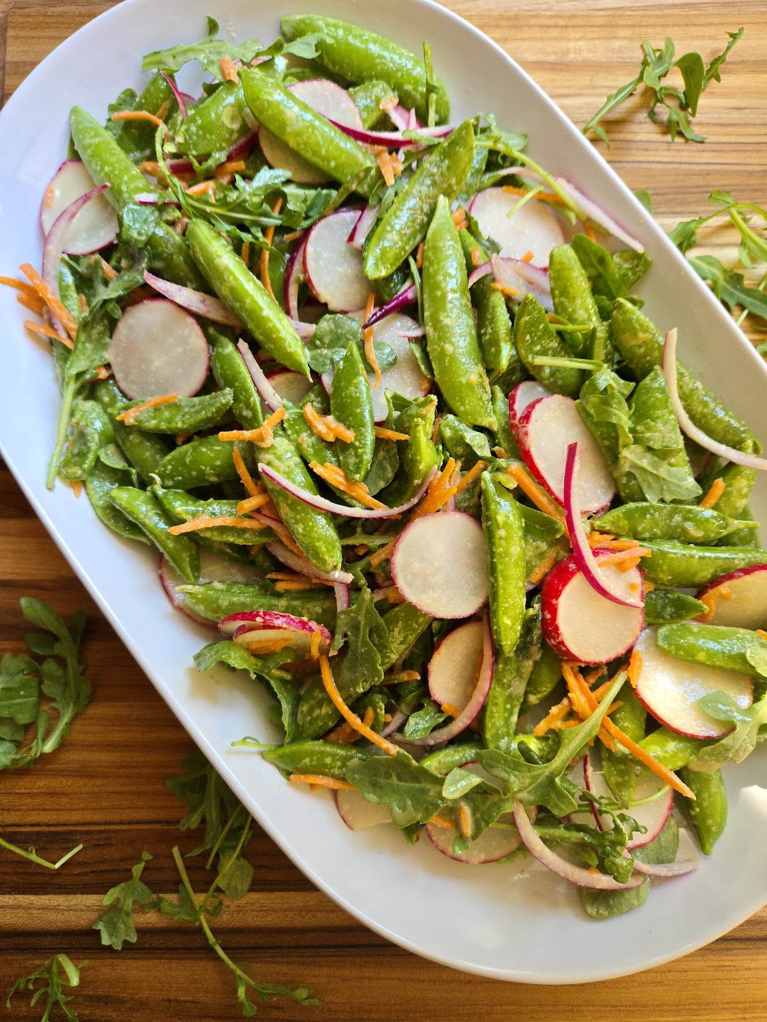 Snap Pea Salad with Radishes, Carrots and Vegan Honey Mustard Dressing