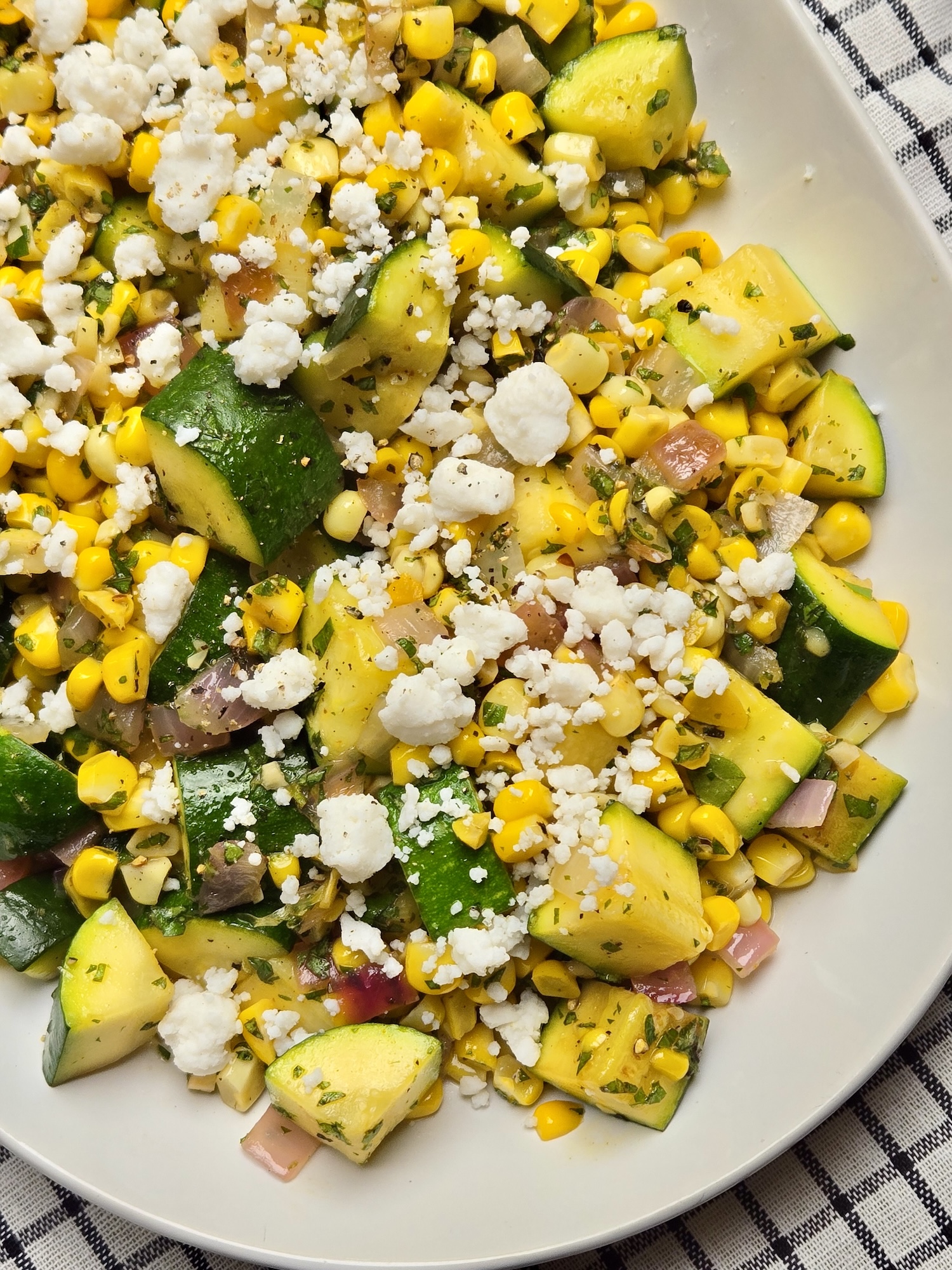 Zucchini and Corn with Vegan Feta and Oregano